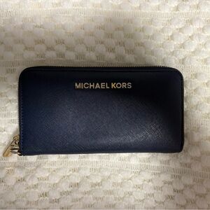 Michael Kors Dark Blue Wallet with Gold Zipper